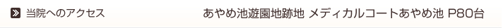 当院へのアクセス　あやめ池遊園地跡地　メディカルコートあやめ池Ｐ８０台